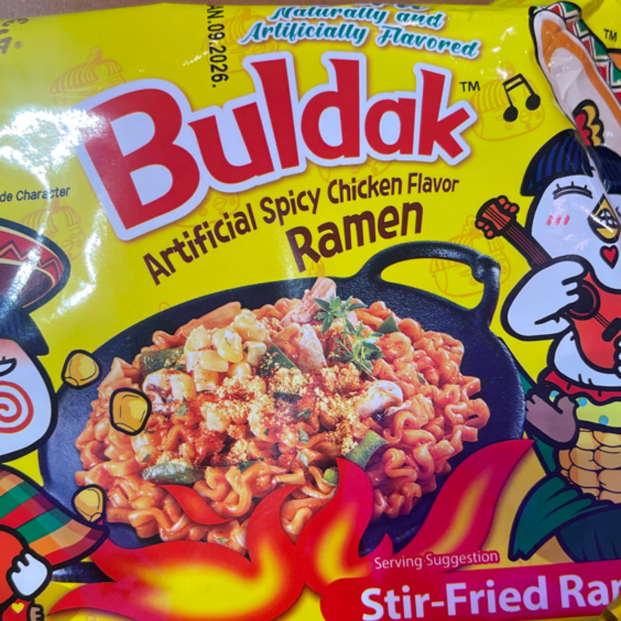 Buldak Corn Hot Chicken ( South Korea) — front of pack at Exotic Snaxx Chicago