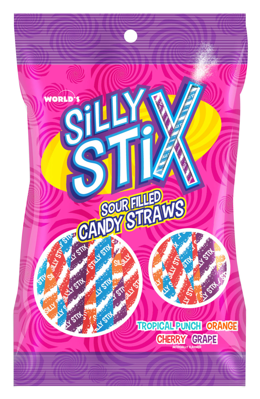 World's Silly Stix (pixy stix), 2.75oz (Colombia) — front of pack at Exotic Snaxx Chicago