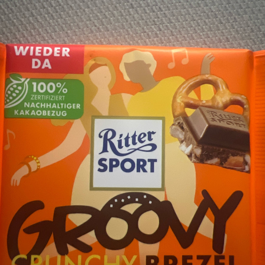 Ritter Sport Groovy Crunchy Pretzel Chocolate Bar in Limited Edition 100g — front of pack at Exotic Snaxx Chicago