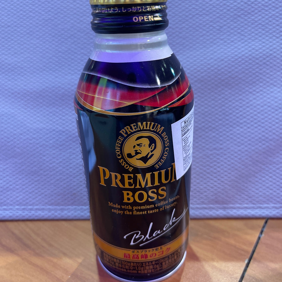 Suntory Boss Coffee – Premium Boss Black Flavor: Unsweetened Black Coffee — front of pack at Exotic Snaxx Chicago