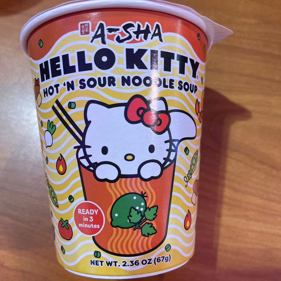 Hello Kitty Hot and Sour Noodle Soup — front of pack at Exotic Snaxx Chicago