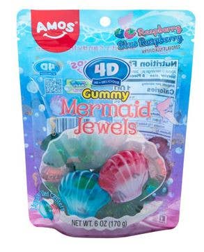 Amos 4D Gummy Mermaid Jewels, 6oz Bag, — front of pack at Exotic Snaxx Chicago