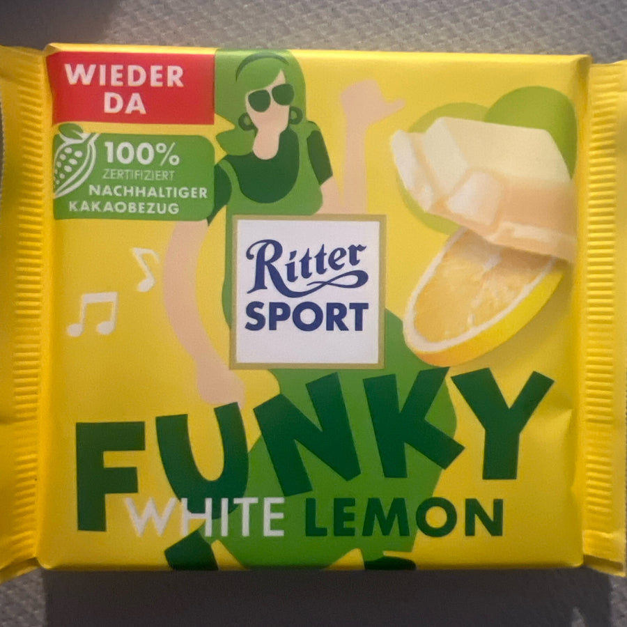Ritter Sport Funky White Lemon Chocolate Bar in Limited Edition 100g(Germany) — front of pack at Exotic Snaxx Chicago