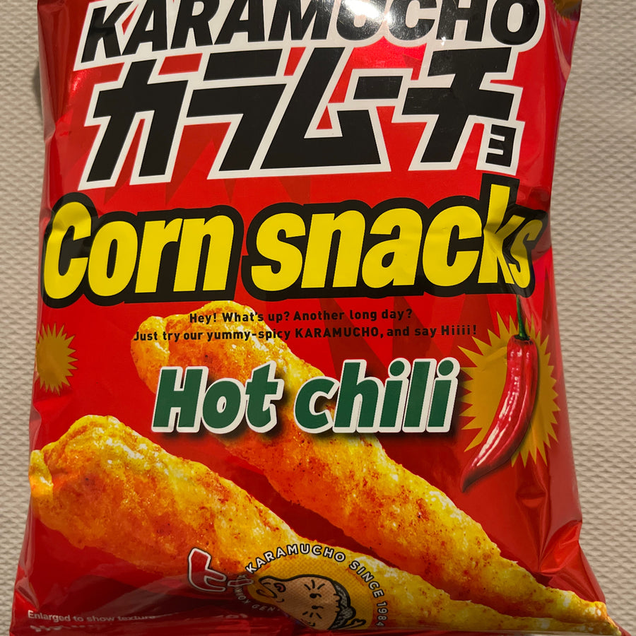 Koikeya Karamucho Corn Snacks – Hot Chili (Japan) — front of pack at Exotic Snaxx Chicago