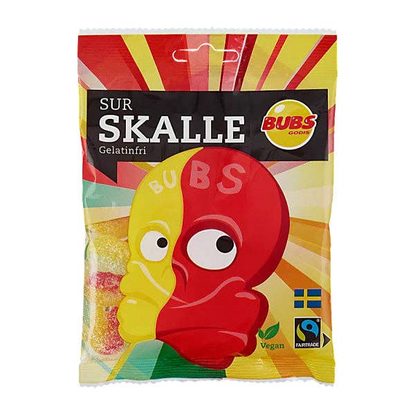 BUBS Godis: Sour Mini Skulls (90g) Assorted Colors ( Sweden ) — front of pack at Exotic Snaxx Chicago
