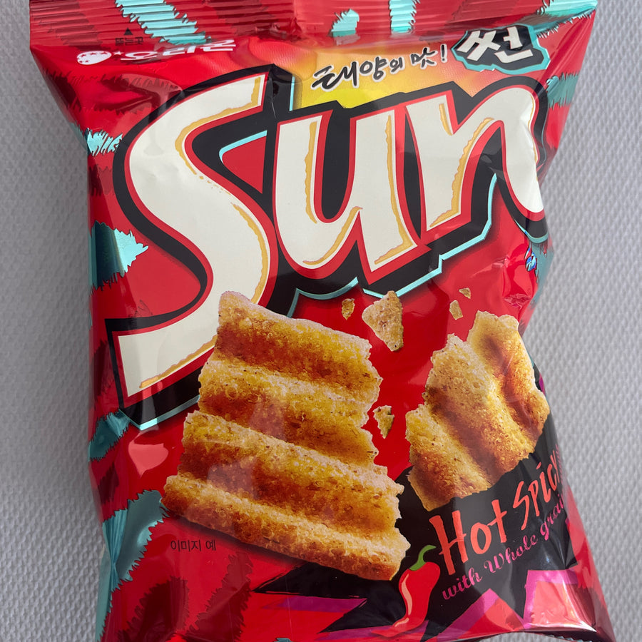 Orion Sun Hot & Spicy Flavor (Korea) — front of pack at Exotic Snaxx Chicago
