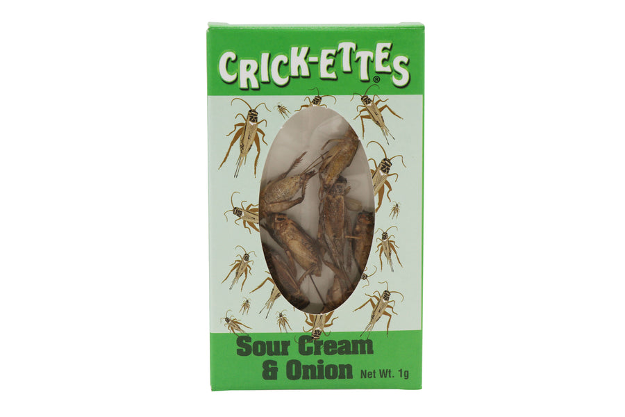 Crick-ettes, Real Cricket Snack, Sour Cream & Onion — front of pack at Exotic Snaxx Chicago