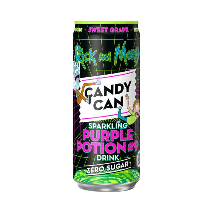 Rick and Morty Sparkling Purple Potion #9 - Sweet Grape Zero Sugar (330ml) (Netherlands) — front of pack at Exotic Snaxx Chicago
