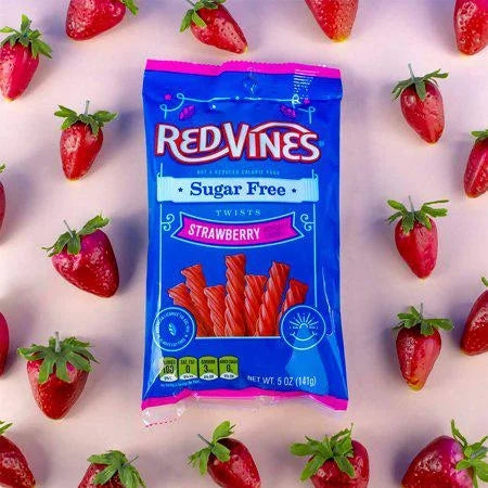 Red Vines Sugar Free Strawberry Soft & Chewy Licorice Twists oz — front of pack at Exotic Snaxx Chicago