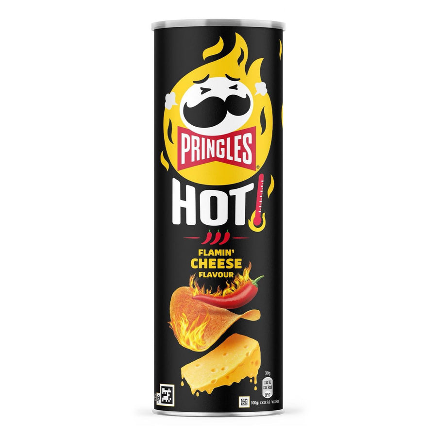 Pringles Hot Flamin' Cheese Flavour — front of pack at Exotic Snaxx Chicago
