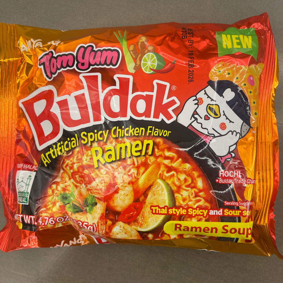 Buldak Tom Yum Spicy Chicken Ramen Noodles  4.76 oz – Bold  Tangy & Fiery Flavor( South Korea) — front of pack at Exotic Snaxx Chicago
