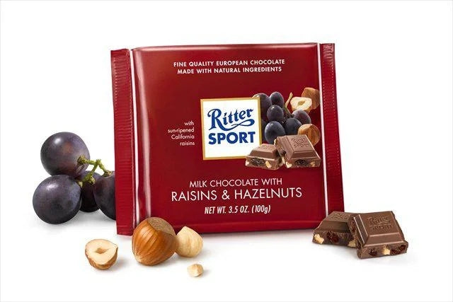 Ritter Sport Hazelnut Raisins Germany — front of pack at Exotic Snaxx Chicago