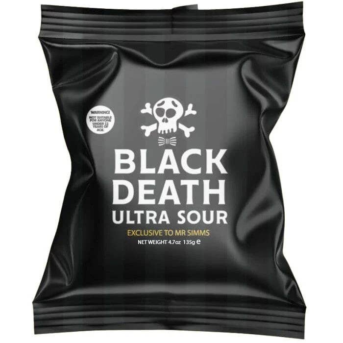 Black Death Ultra Sour Hard Candy (Imported From England) — front of pack at Exotic Snaxx Chicago
