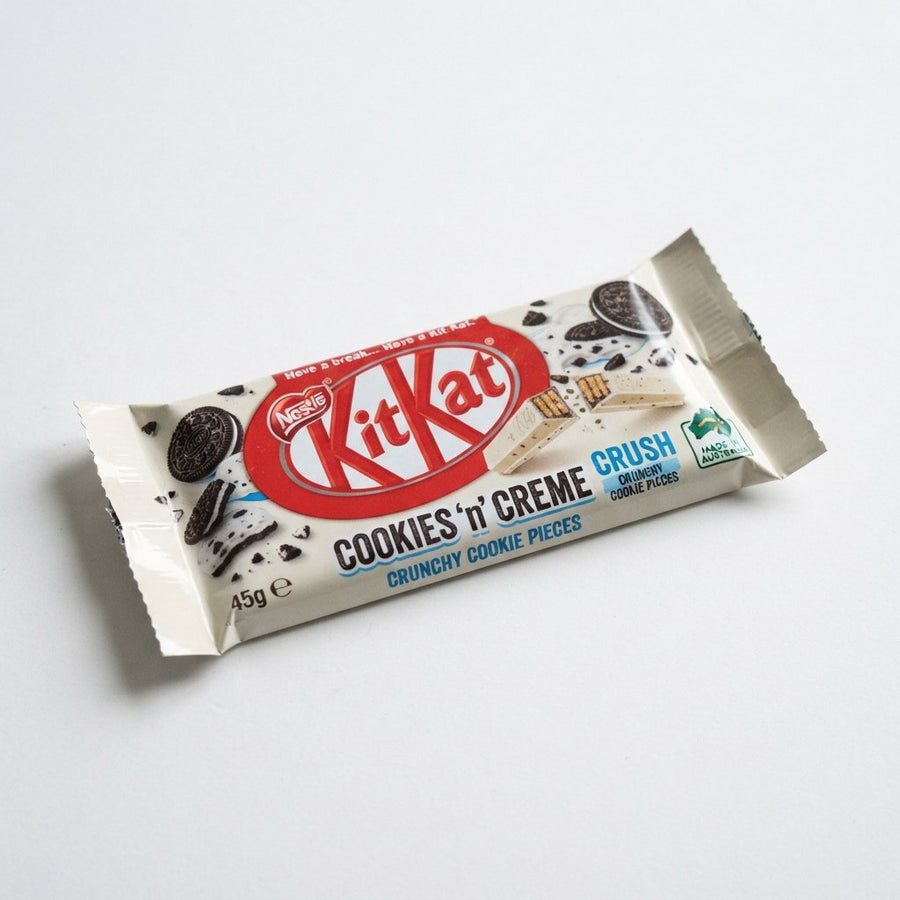 Kit Kat Cookies n Creme Crush Made in Australia — front of pack at Exotic Snaxx Chicago
