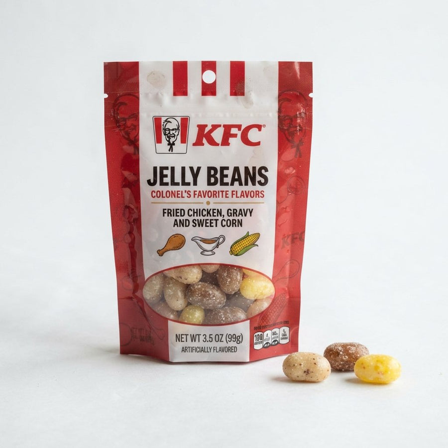 KFC Jelly Beans, Colonel's Favorite Flavors- Fried Chicken, Gravy and Sweet Corn, — front of pack at Exotic Snaxx Chicago