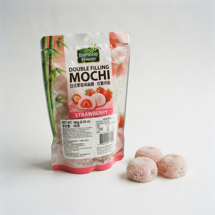 Bamboo House Double Filling Mochi Strawberry 180g — front of pack at Exotic Snaxx Chicago