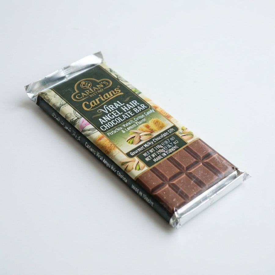 Carians Viral Angel Hair Chocolate Bar - Pistachio, Kataifi, Cotton Candy & Lemon Flavor, Gourmet Milky Chocolate Gift — front of pack at Exotic Snaxx Chicago