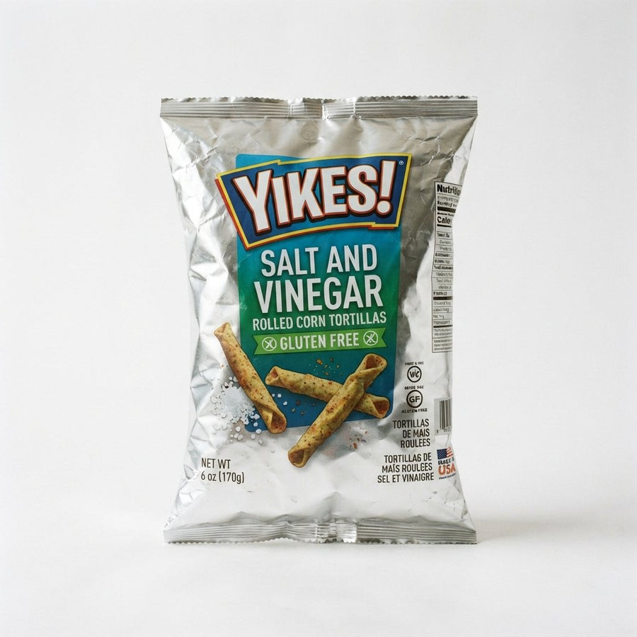 Yikes Salt and Vinegar Rolled Corn Tortillas Gluten Free — front of pack at Exotic Snaxx Chicago
