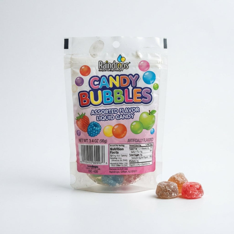 Raindrops Candy Bubbles Assorted Flavor Liquid Candy — front of pack at Exotic Snaxx Chicago