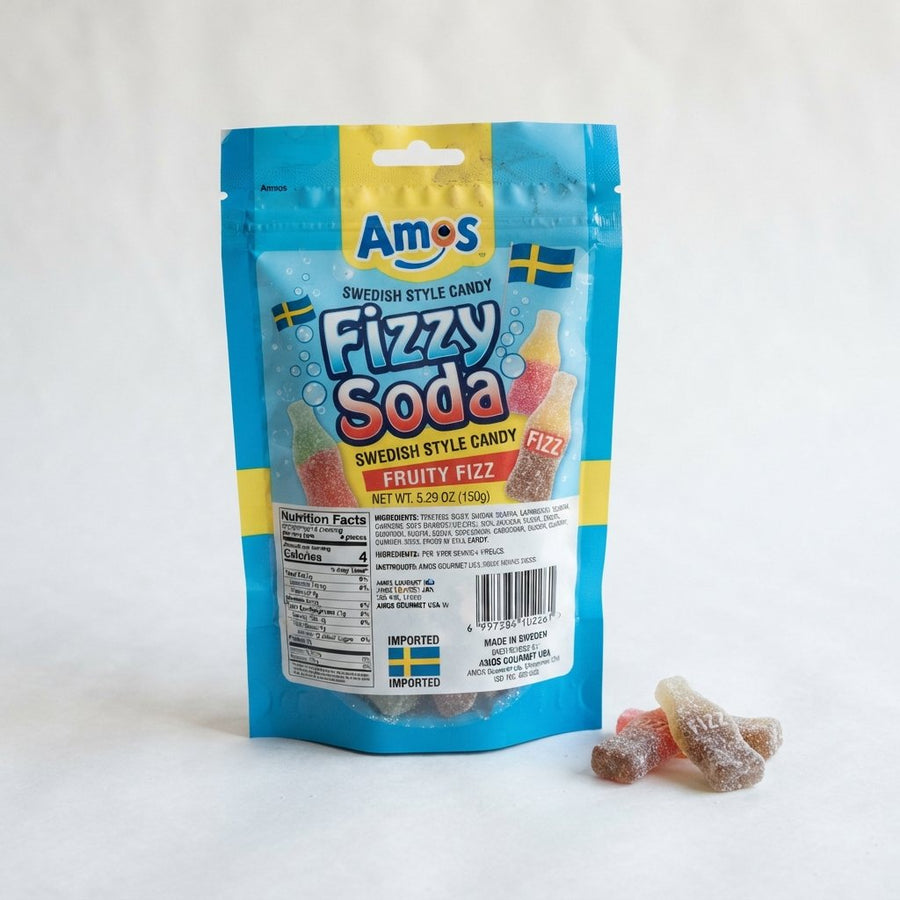 Amos Fizzy Soda Swedish Style Candy — front of pack at Exotic Snaxx Chicago