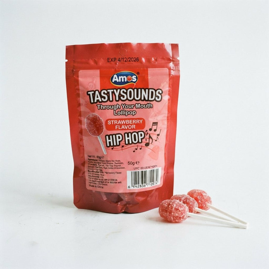 Amos Tastysounds Through Your Mouth Lollipop Strawberry Flavor Hip Hop 4/12/2026 — front of pack at Exotic Snaxx Chicago