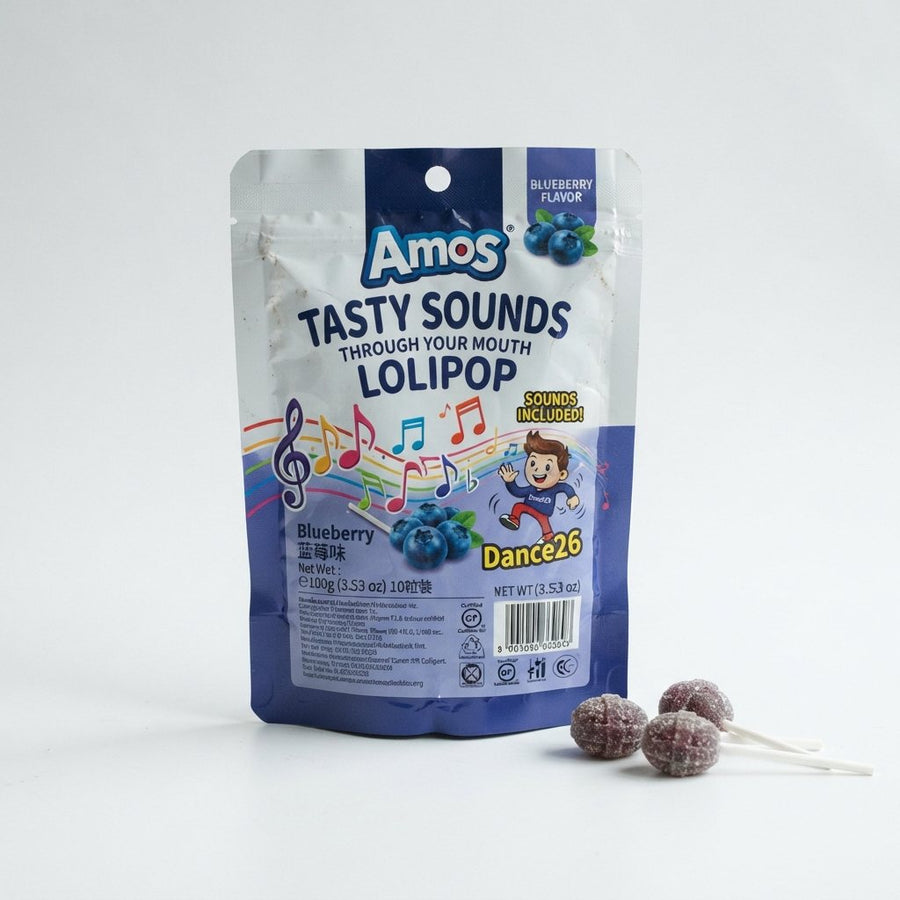 Amos Tasty Sounds Through Your Mouth Lollipop Blueberry Flavor Dance26 — front of pack at Exotic Snaxx Chicago
