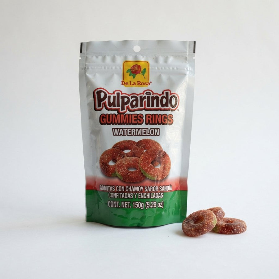 De La Rosa Pulparindo Gummies Rings Watermelon — front of pack at Exotic Snaxx Chicago
