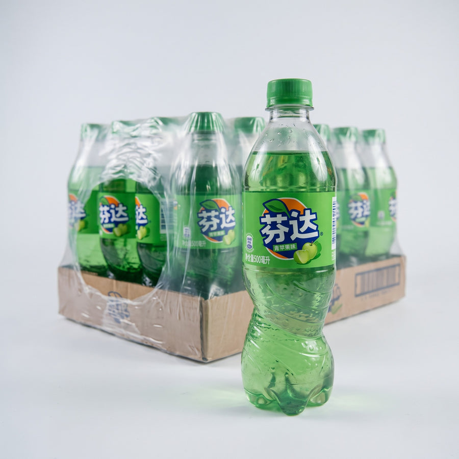 Fanta Green Apple soda 24-pack, 500ml bottles, China import — front of pack at Exotic Snaxx Chicago