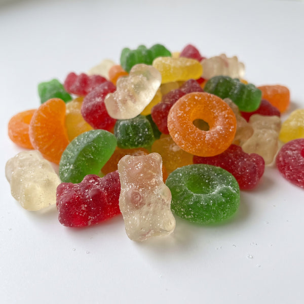 Mixed fruit gummy candy assortment