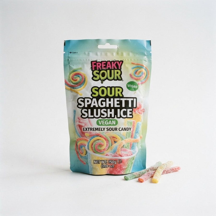 Sour Spaghetti Slush Ice (Vegan) — front of pack at Exotic Snaxx Chicago