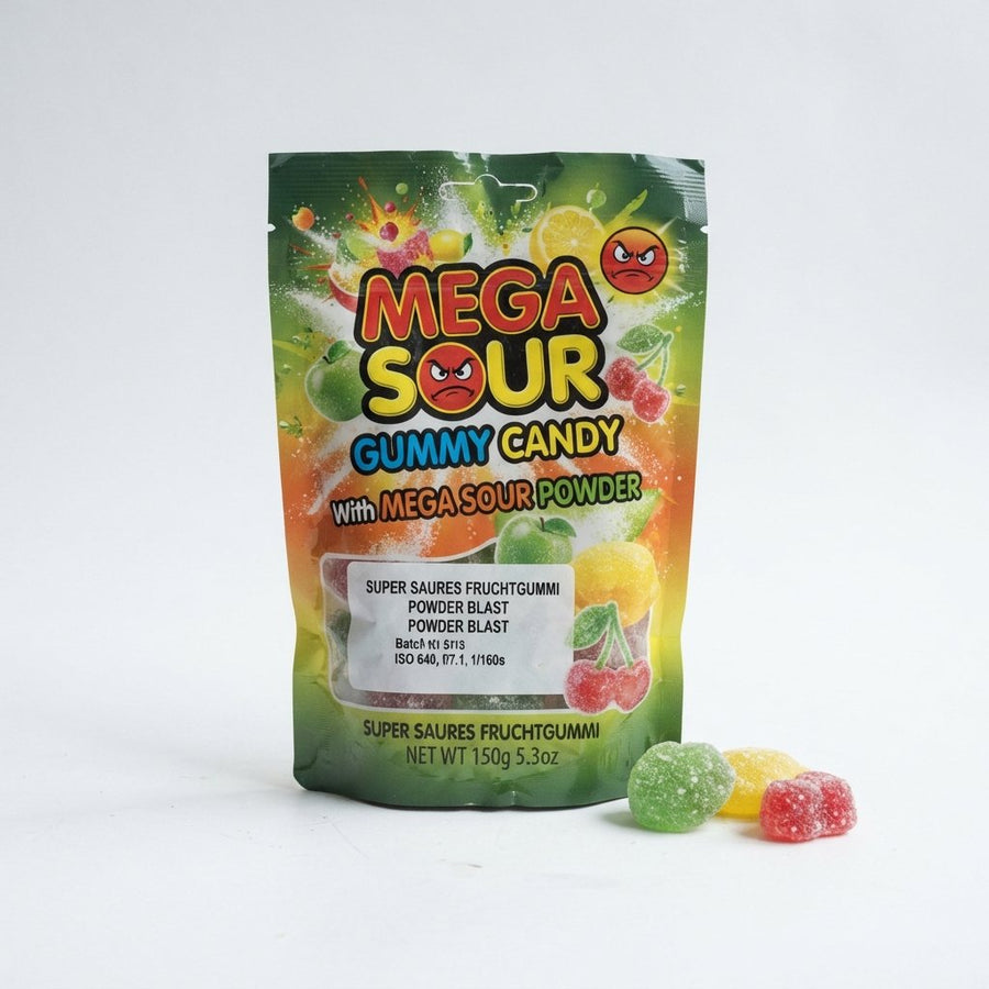 Mega Sour Gummy Candy With Mega Sour Powder — front of pack at Exotic Snaxx Chicago